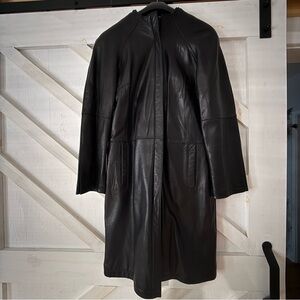 sleek lined black leather car coat